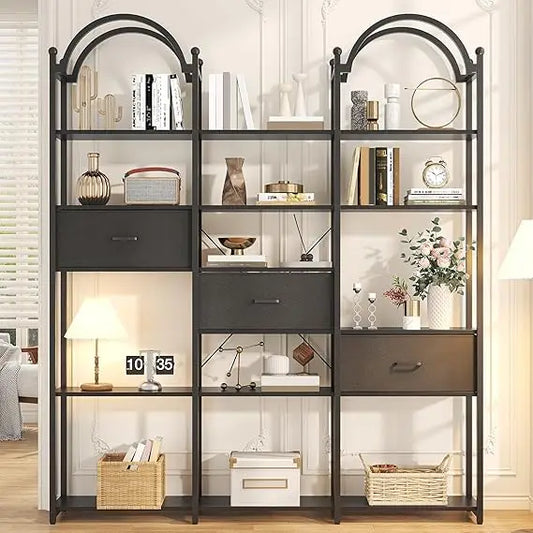 5-Tier L-Shaped Corner Bookcase – White & Gold Modern Display Shelf with Adjustable Feet & Anti-Tip Design