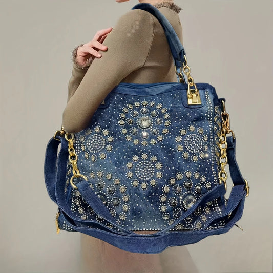 Gradient Diamond-Embellished Large Tote Bag – Elegant Floral Shoulder Bag for Women
