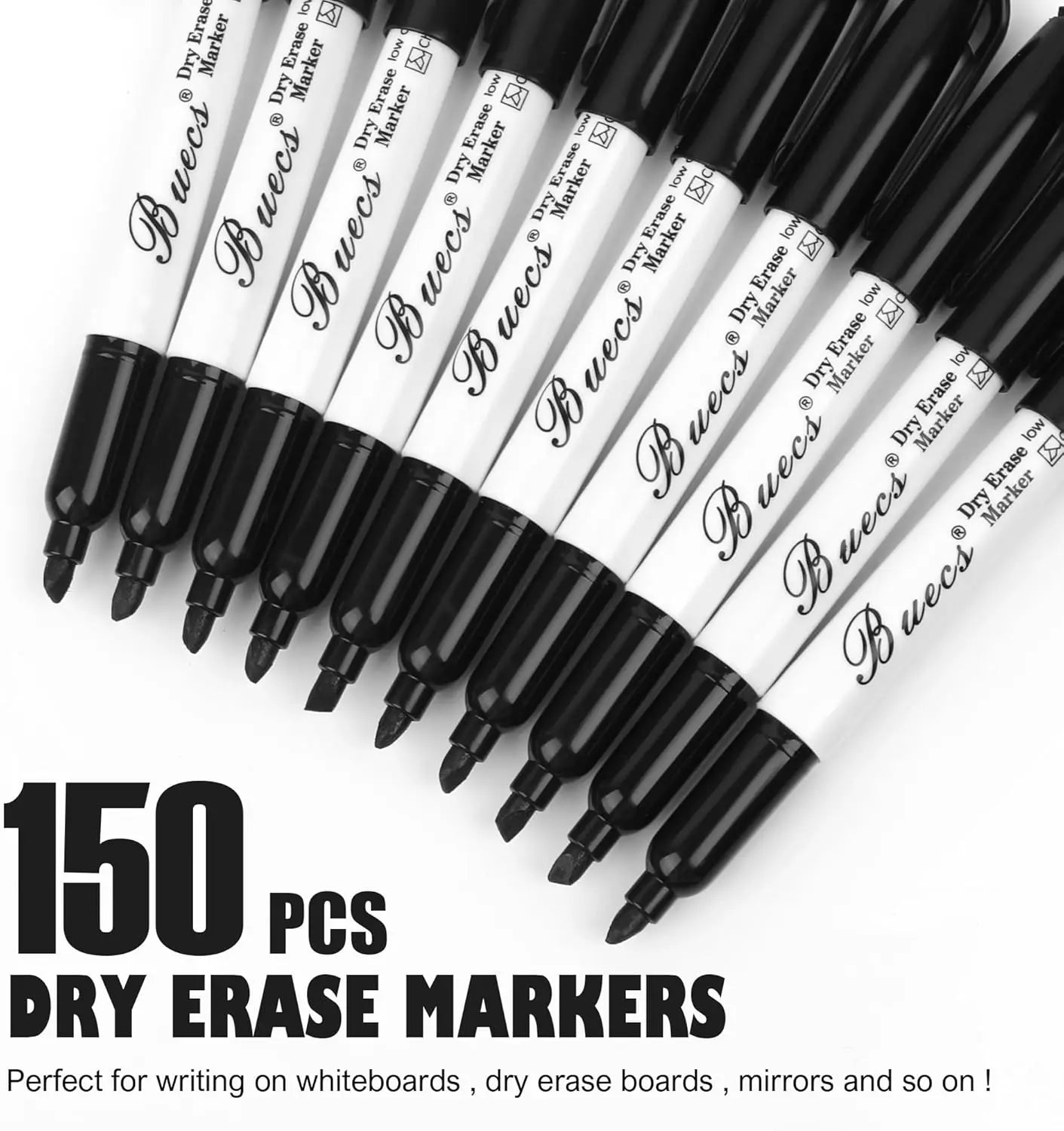 Black Dry Erase Markers – Low-Odor Chisel Tip Whiteboard Pens for Glass & Boards (150-Pack Bulk)