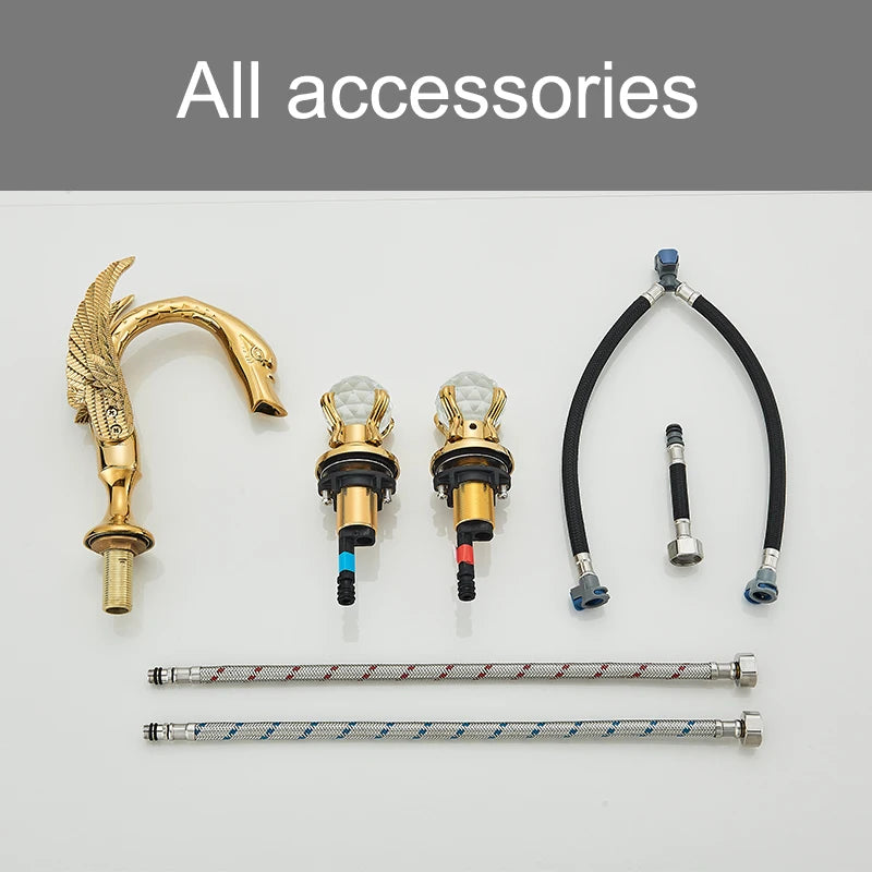 Gold Swan Deck-Mounted Basin Mixer Faucet – Dual Crystal Handle Hot & Cold Tap