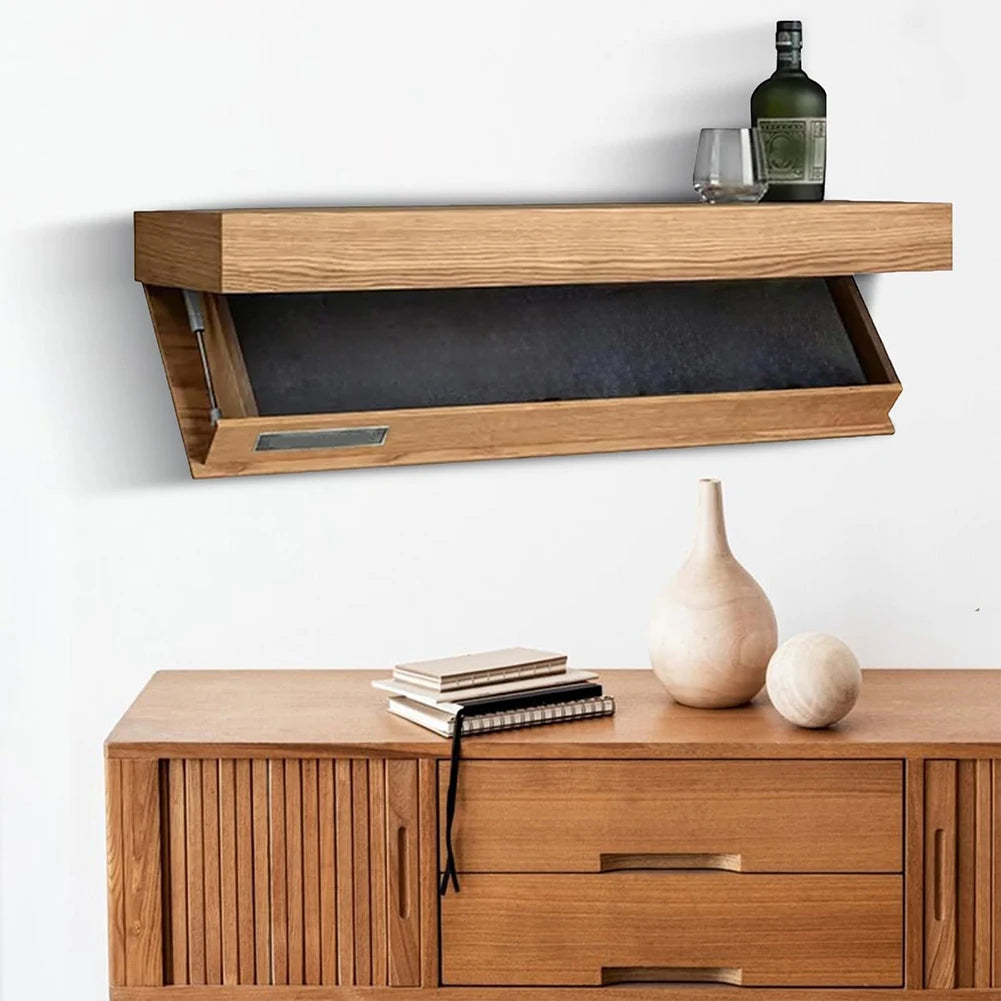“Wooden Concealed Floating Shelf with Secret Compartment – Wall-Mounted Hidden Storage Rack for Books, Wine & Decor”