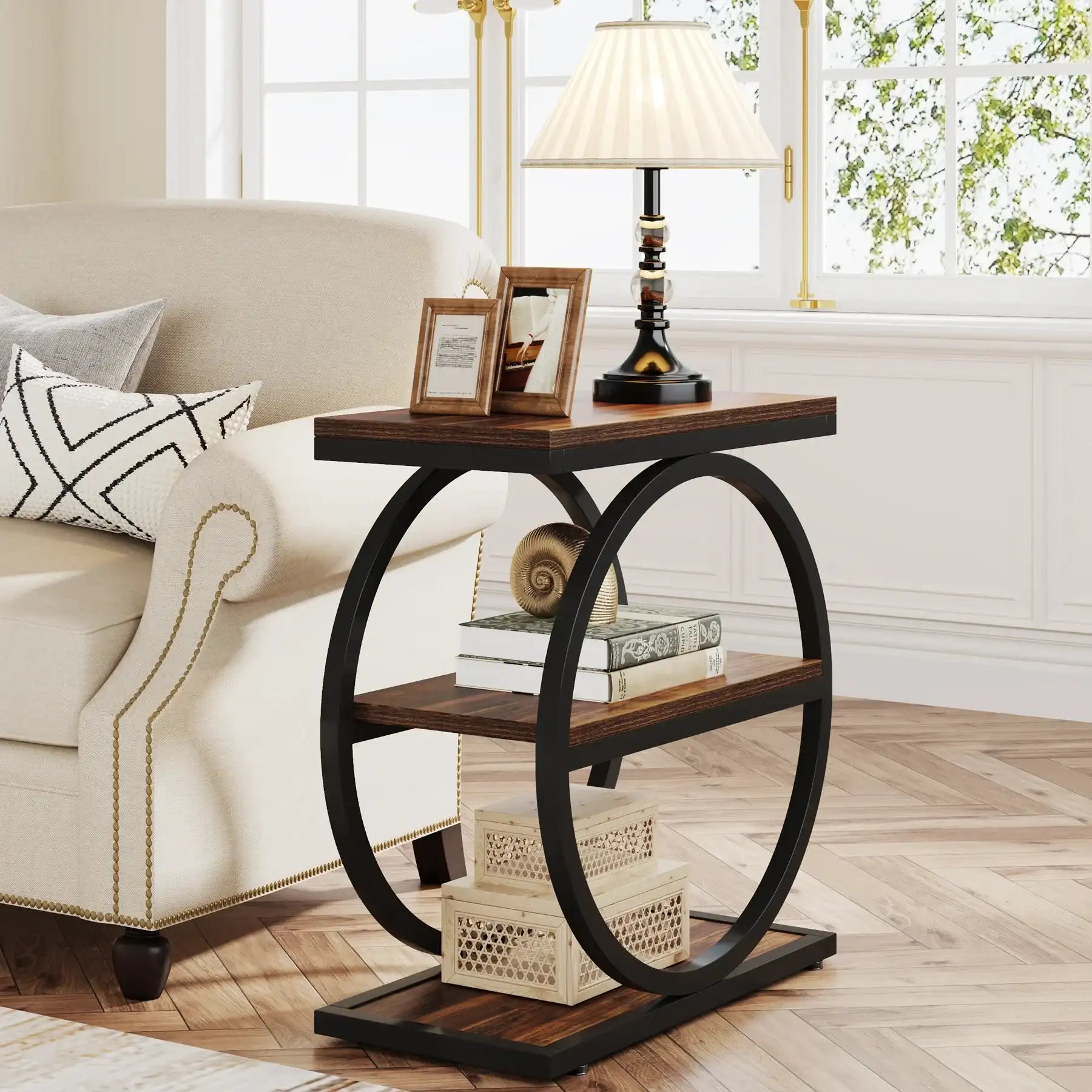 Tribesigns Narrow End Table with 3 Storage Shelves – Wooden Industrial Side Table for Sofa & Living Room