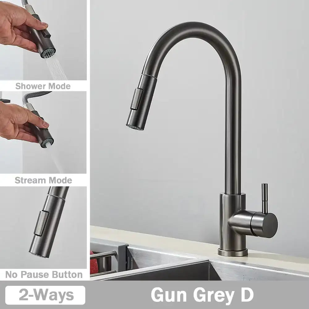 1- Product Title: Matte Black Pull-Out Kitchen Faucet – Deck Mounted Mixer Tap with Stream & Shower Modes