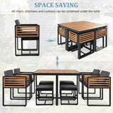 “9-Piece Acacia Wood Patio Dining Set – Space-Saving Outdoor Table, 4 Cushioned Chairs & 4 Ottomans with Square Table”