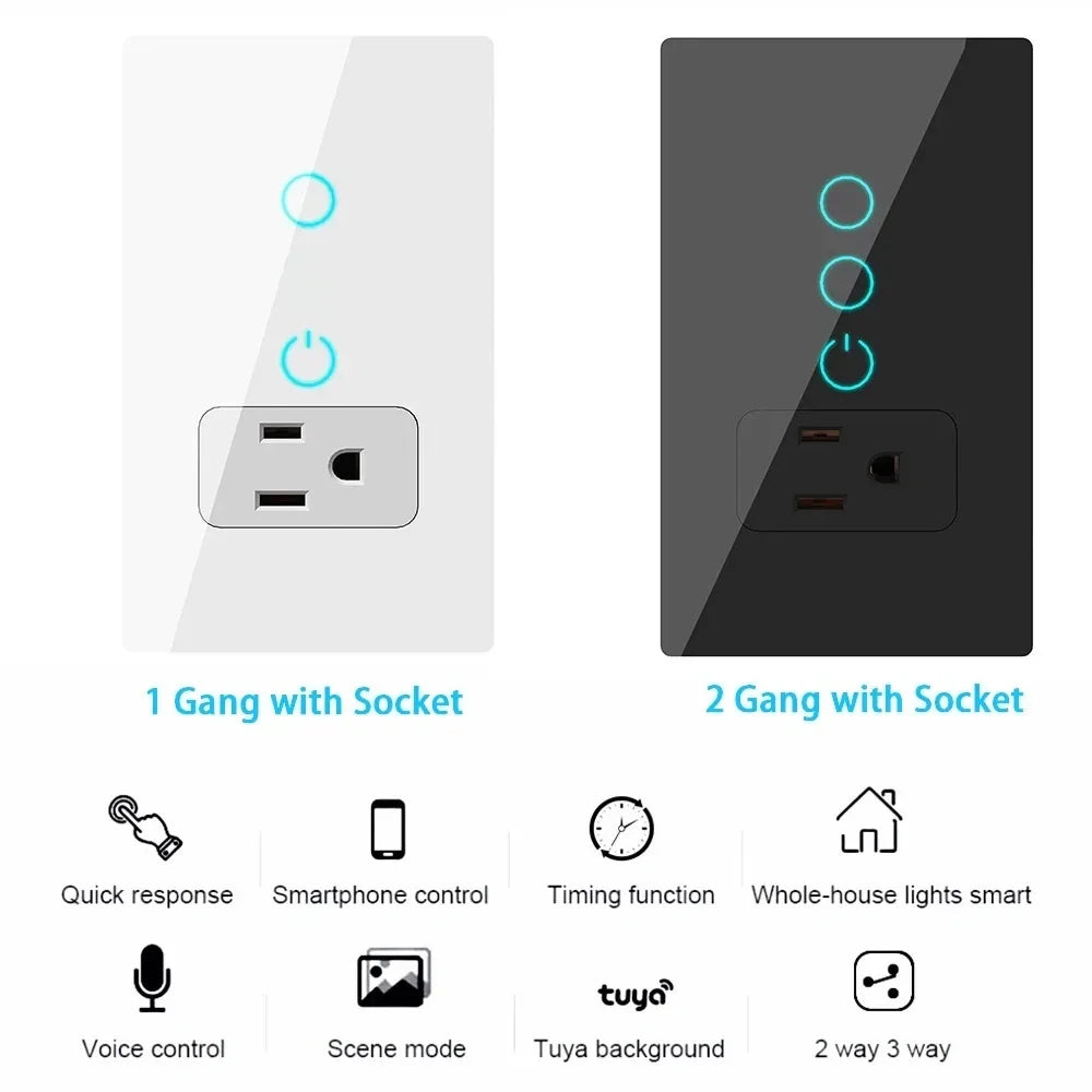Melery Mexico Plug WiFi Smart Socket – Tuya App Intelligent US Wall Outlet with Touch Glass Panel, Alexa & Google Home Compatible