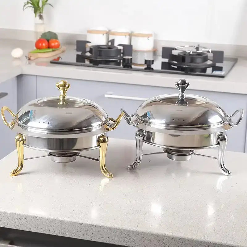 Round Stainless Steel Cooking Buffet Warmer Tray with Lid & Fuel Holder – 6 L / Professional Serving Set