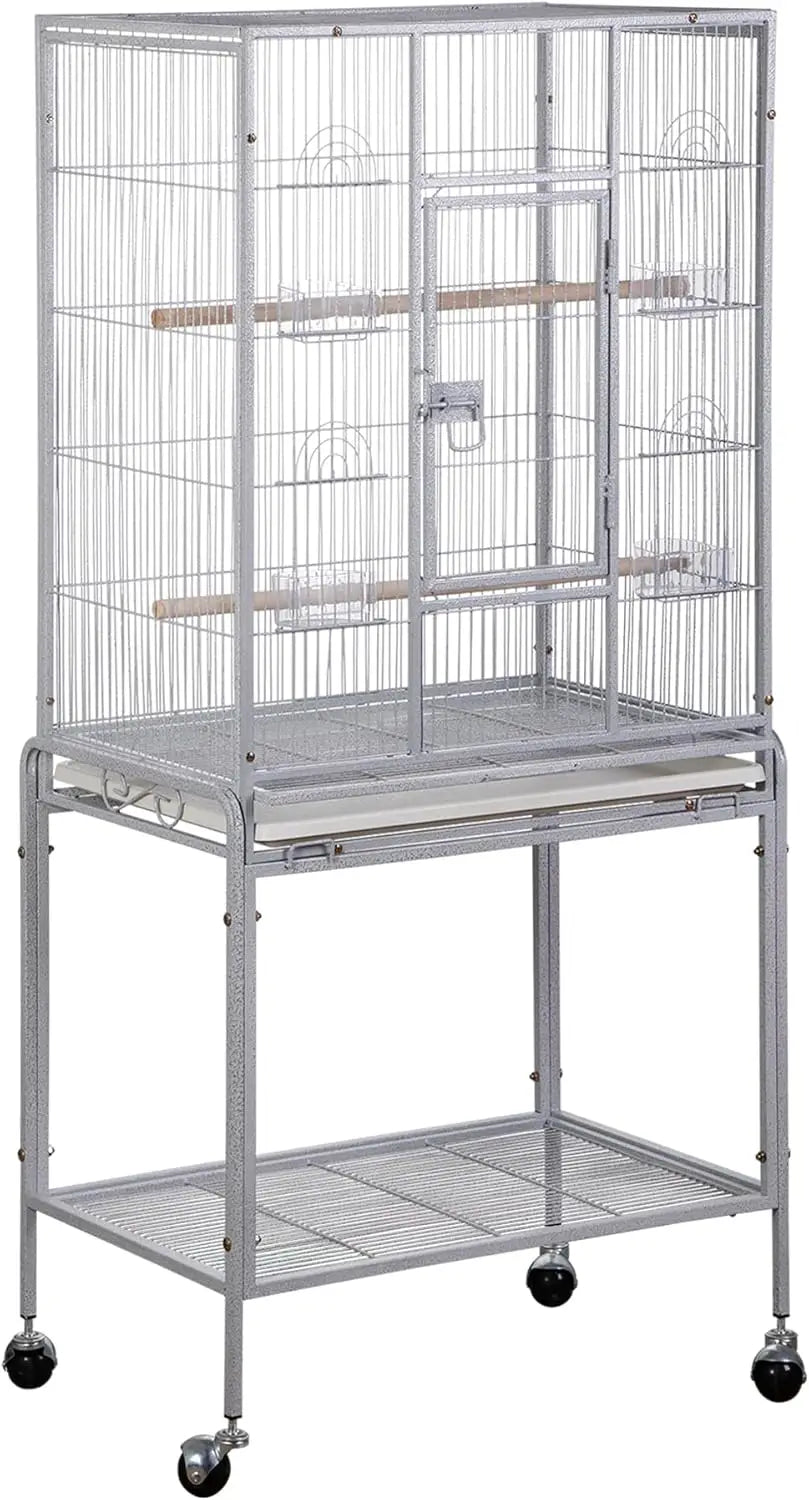 Standing Wrought Iron Birdcage – Large Parrot Flight Cage with Rolling Stand for Cockatiels, African Greys & Medium Birds