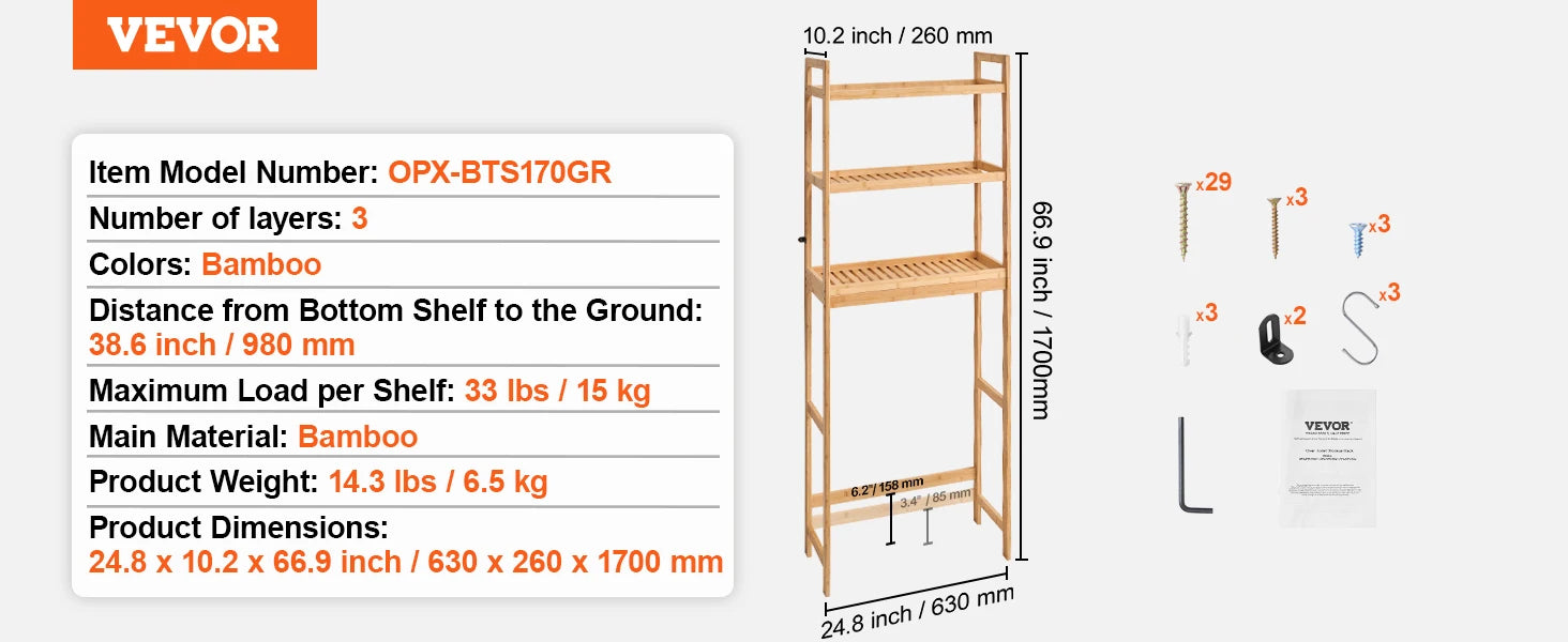 VEVOR Over-the-Toilet Storage Shelf – Adjustable Bamboo Bathroom Organiser with 3 Hooks & Space Saver Rack