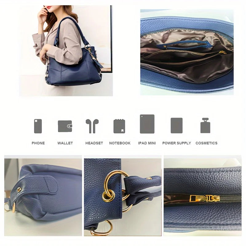 Classic Design Soft Leather Hobo Bag – 2-Way Carry Large Capacity Tote & Crossbody with Trendy Keychain 👜✨