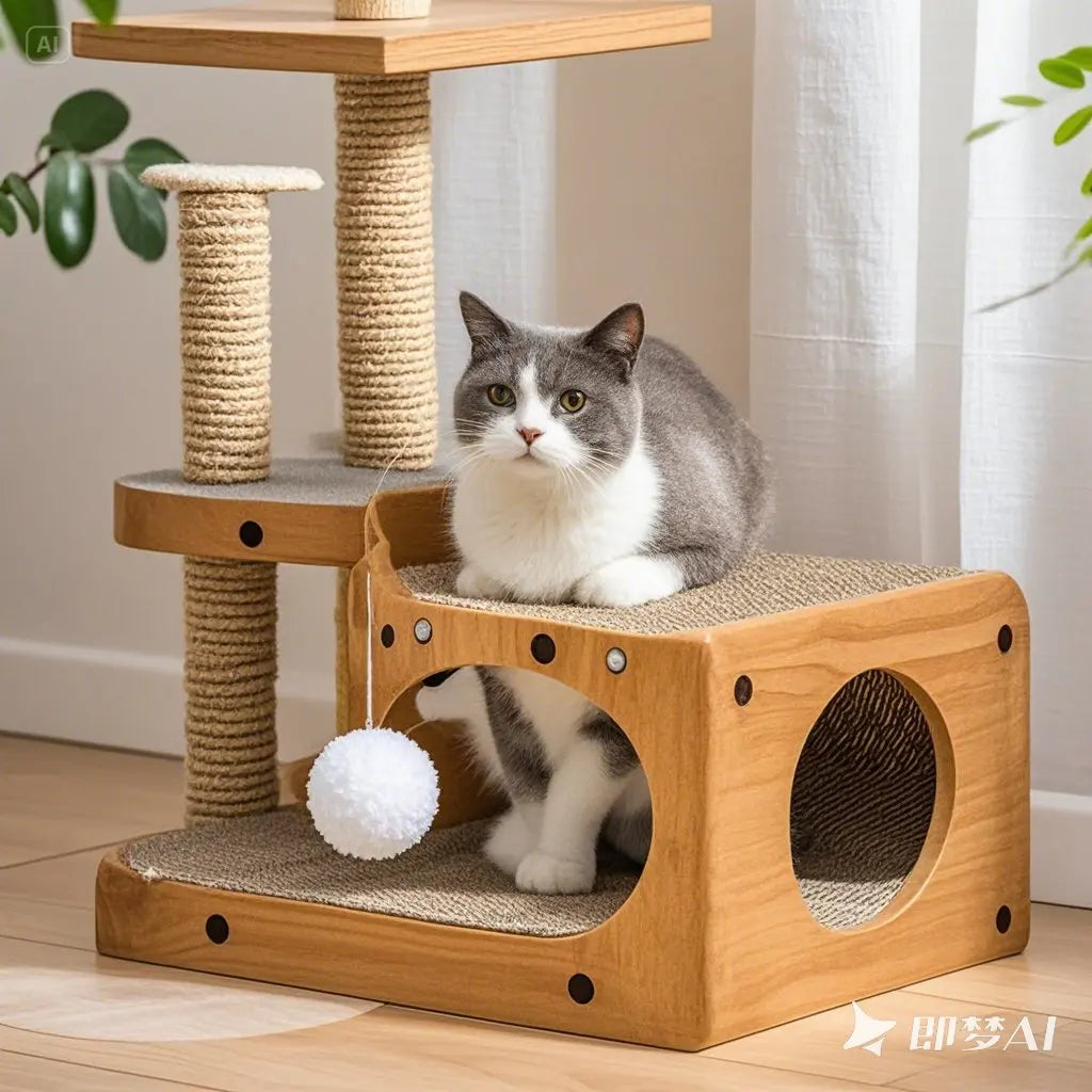 “Sisal Cat Scratcher Tunnel & Bed with Hanging Toys – Durable Cardboard House for Small to Medium Indoor Cats”