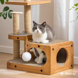 “Sisal Cat Scratcher Tunnel & Bed with Hanging Toys – Durable Cardboard House for Small to Medium Indoor Cats”