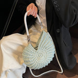 Women’s Handwoven Seashell Beach Bag – Boho Summer Shoulder & Crossbody Clutch with Pearl Chain for Travel & Vacation