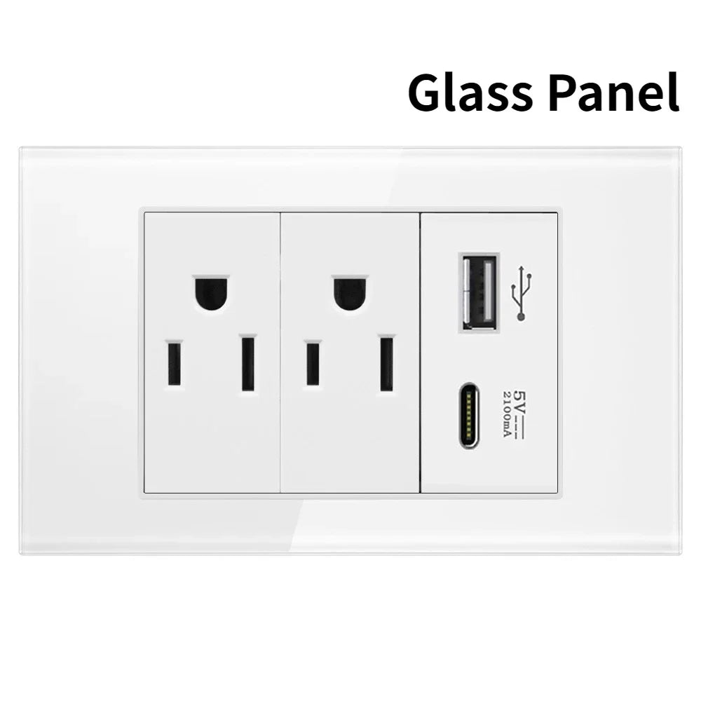 Melery US Power Wall Socket – Double USB + Type-C Ports with Light Switch, Tempered Glass Panel Electrical Plug for Home & Office
