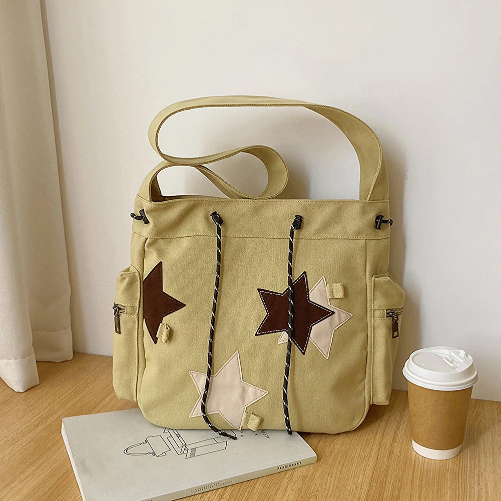 Women’s Cute Crossbody Bag 🎒 – Large Capacity Canvas Shoulder Bag with Star Applique, Y2K Street Style for Teens & Students ✨