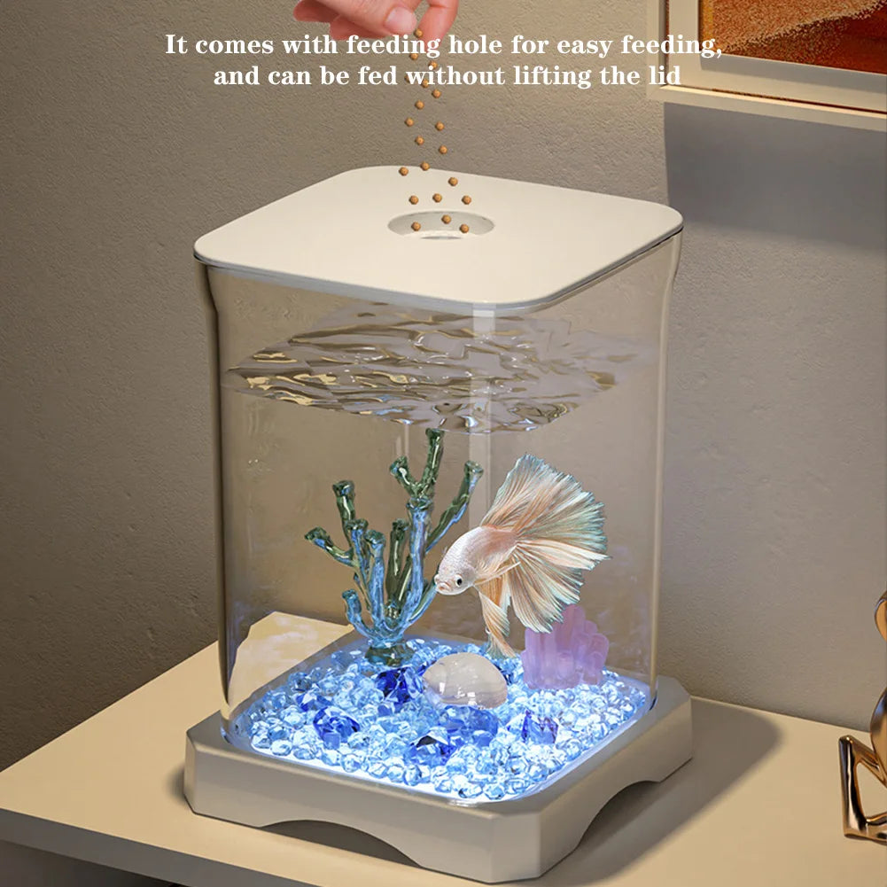 Aquarium Starter Kit – Mini Desktop Betta Fish Tank with Top Feeding Hole & Built-In Bottom Light, Rectangular Tabletop Design