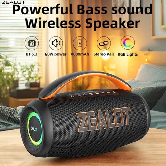 Zealot P12 60 W Wireless Outdoor Speaker – Dual-Pairing Subwoofer with 8,000mAh Battery for Home, Car & Travel
