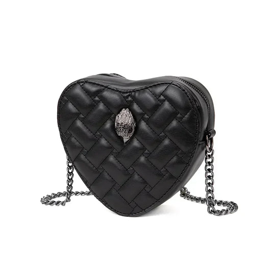 Women’s Heart-Shaped Herringbone Crossbody Bag – Eagle & Bird-Head Chain Detail Purse