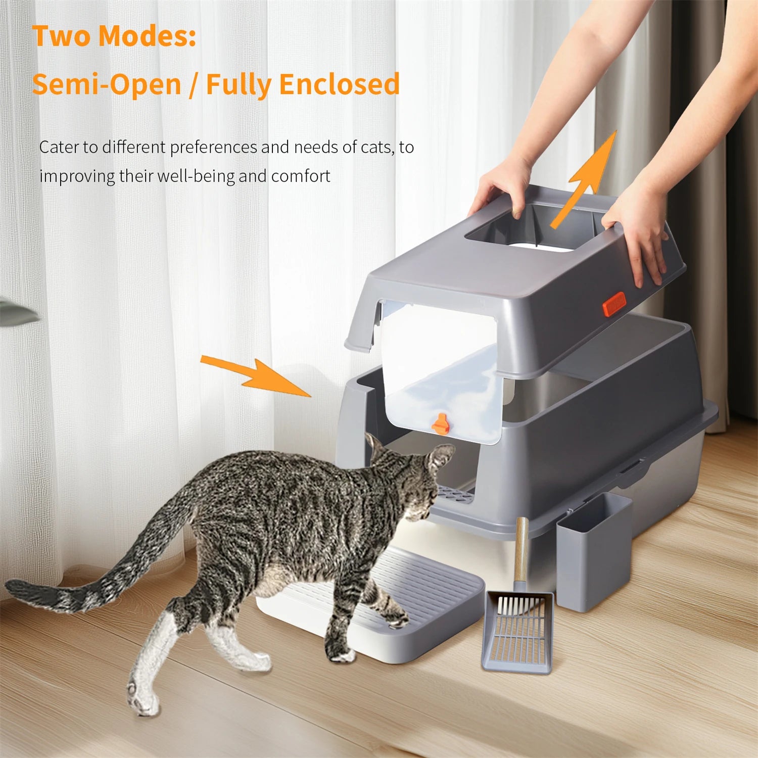 Enclosed Stainless Steel Cat Litter Box with Lid, Extra-Large Metal Tray & High Walls for Big Cats
