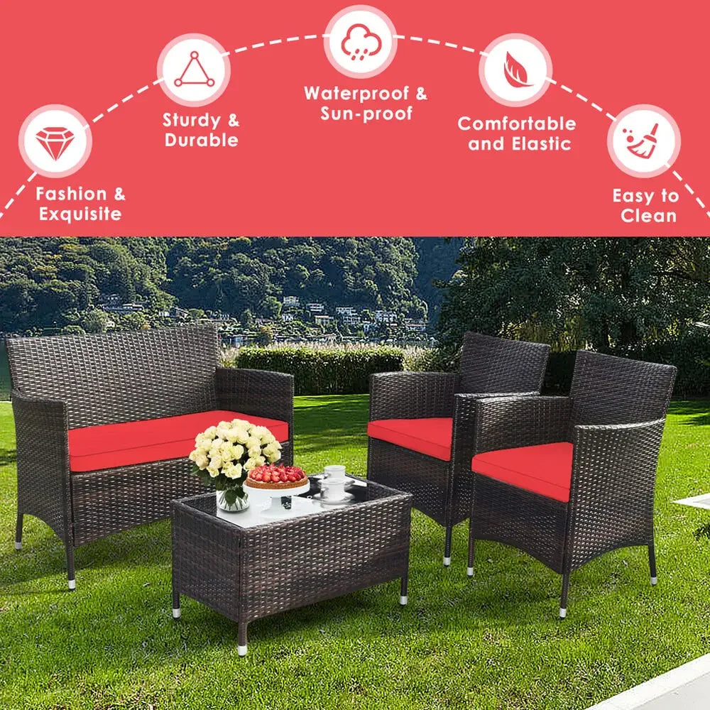 “8-Piece Patio Rattan Conversation Set – Outdoor Wicker Sofa, Chairs & Table with Red Cushions”