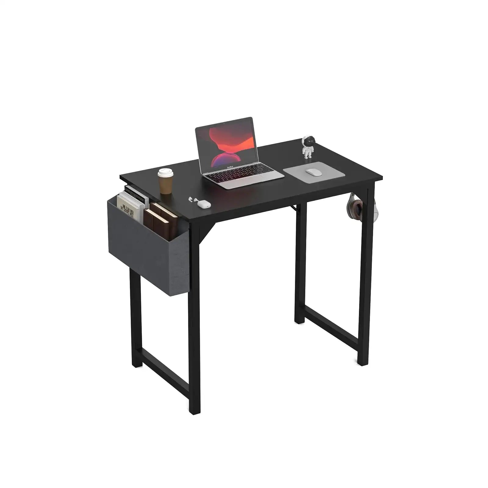 1- Product Title: Sleek Compact Computer Desk with Side Storage Bag & Headphone Hook