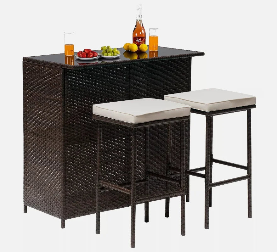 “3-Piece Outdoor Bar Set – Wicker Counter-Height Table with 2 Stools & Solid Frame for Patio, Terrace & Balcony”