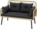“Outdoor Loveseat Patio Wicker Furniture – Black Rattan Couch with Cushion & Adjustable Feet for Garden, Balcony & Porch”