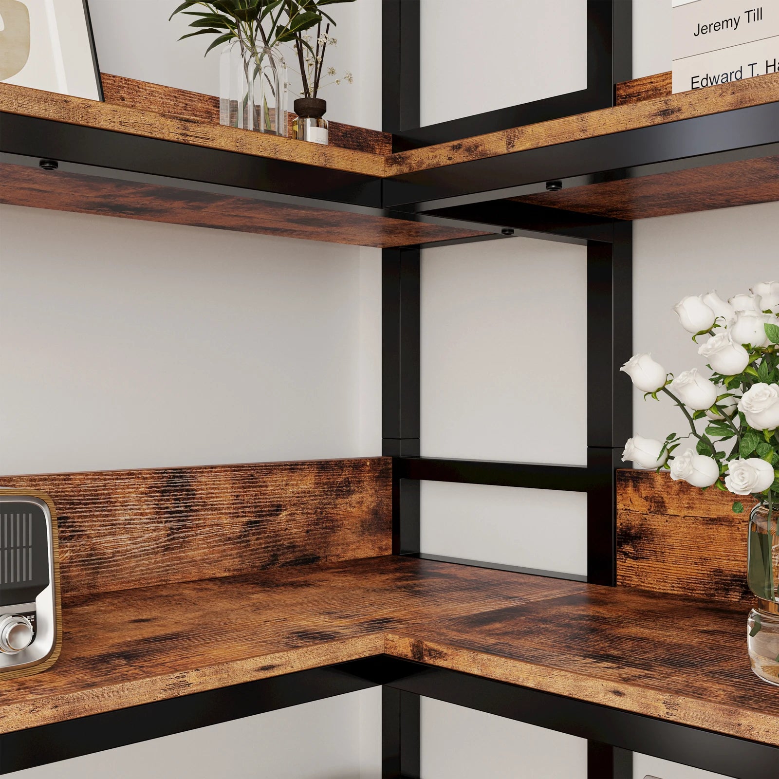IRONCK Industrial 6-Tier Corner Bookshelf – Metal Frame Bookcases with Baffles & Storage Rack for Living Room