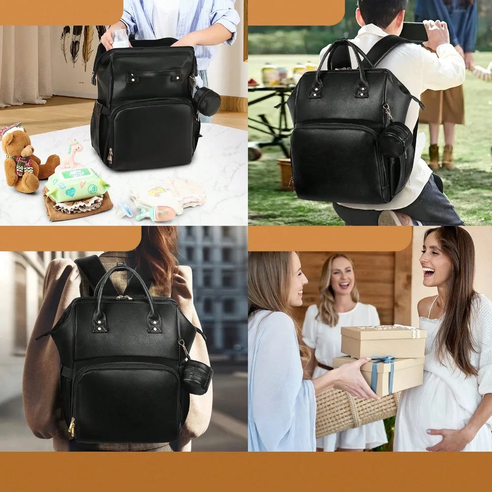 Leather Diaper Bag Backpack with Changing Pad & Pacifier Case – Large Multifunction Waterproof Mommy Travel Tote