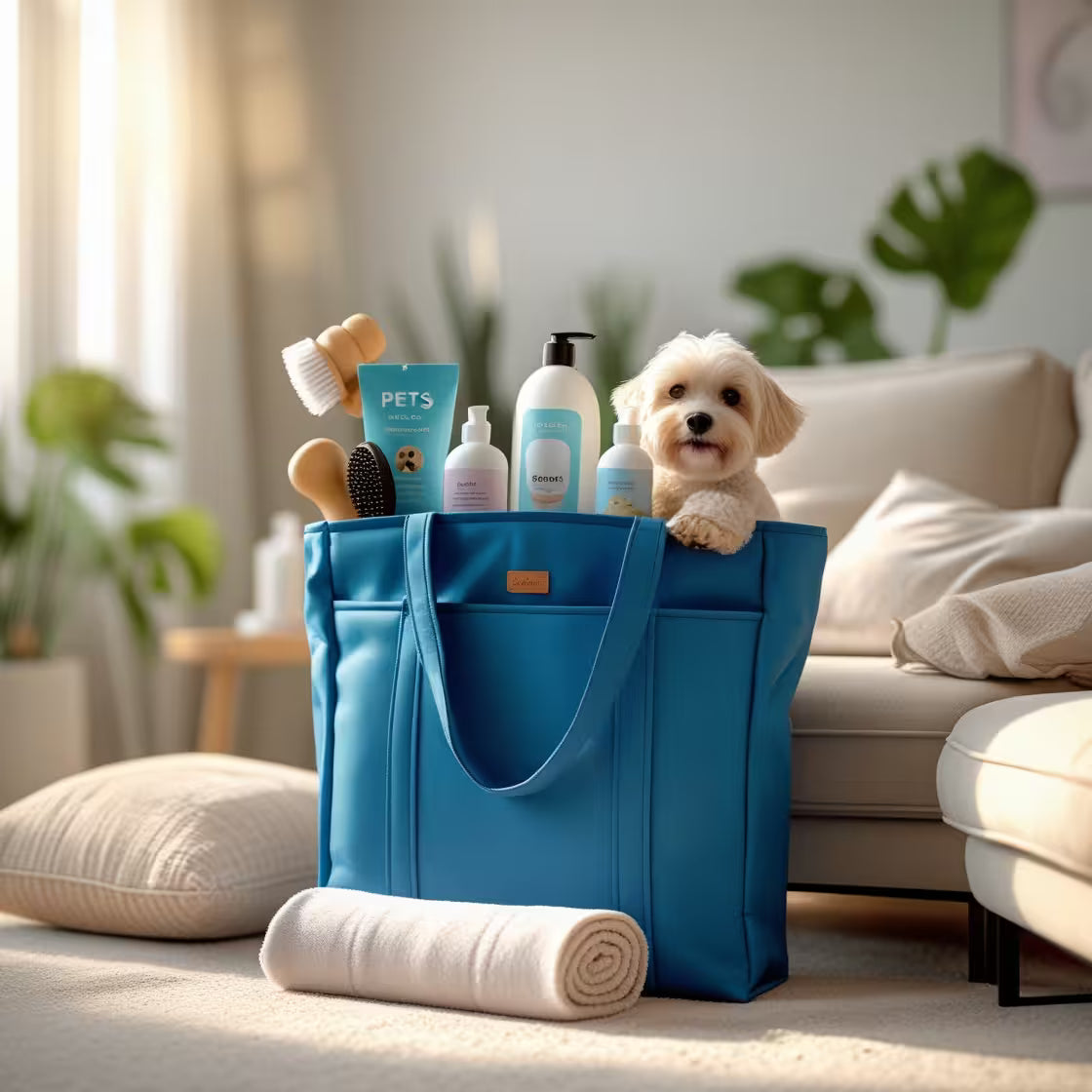 A small cute dog sitting in a blue tote bag filled with pet grooming products, brushes, wipes and shampoo in a modern cozy living room.