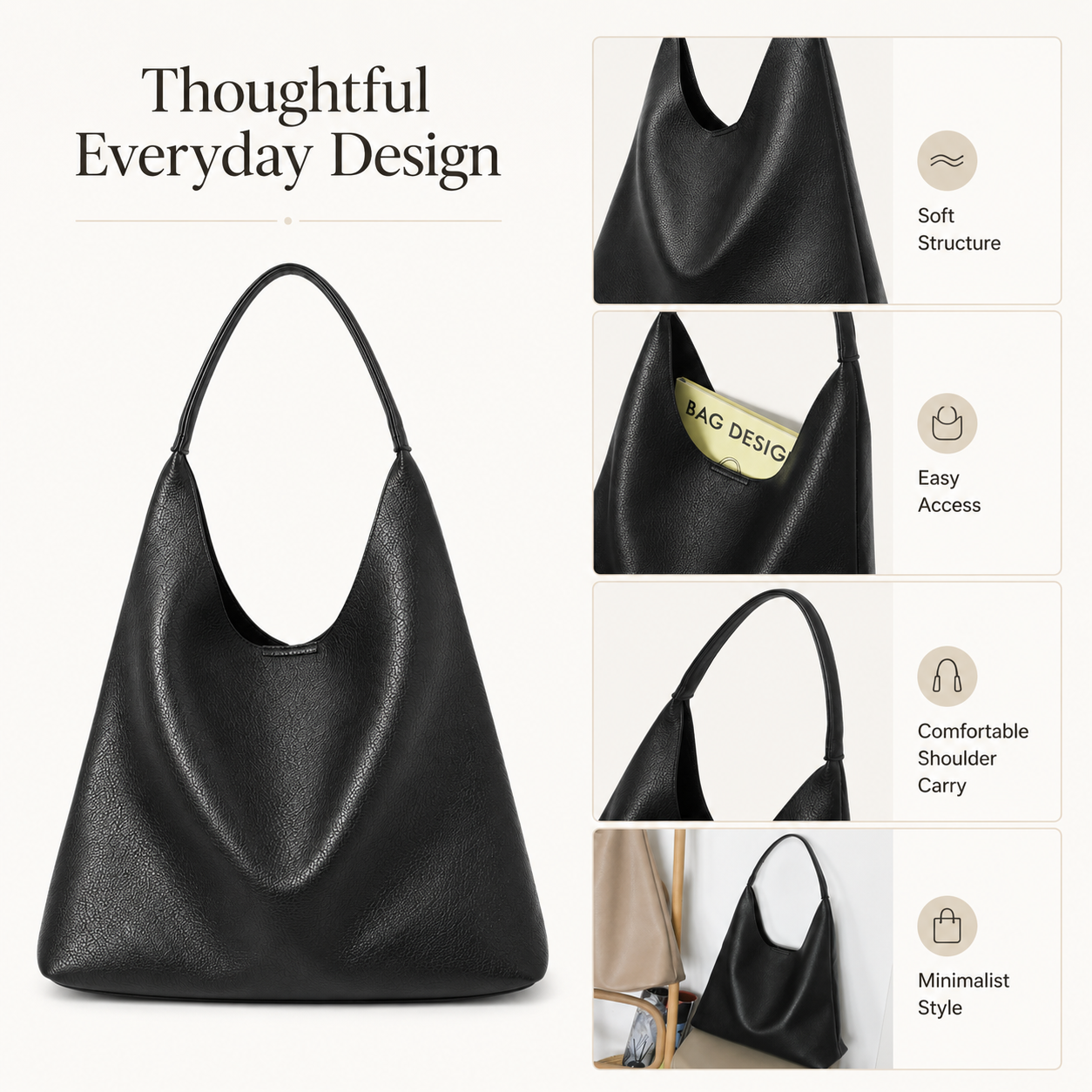 Oversized Vegan Leather Hobo Bag for Women – Spacious Black Shoulder Tote for Work & Everyday Carry