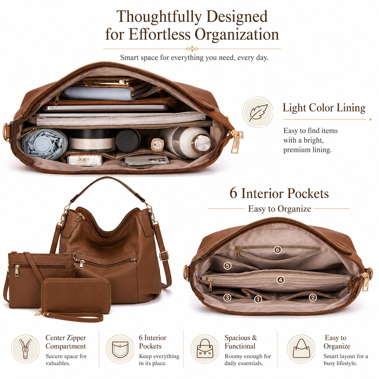 Premium 3-Piece Brown Hobo Bag Set for Women – Shoulder Handbag, Crossbody Purse & RFID Wallet