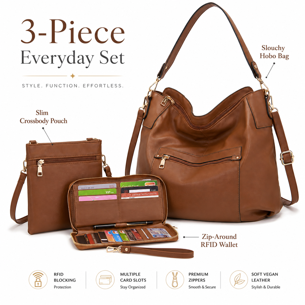 Premium 3-Piece Brown Hobo Bag Set for Women – Shoulder Handbag, Crossbody Purse & RFID Wallet