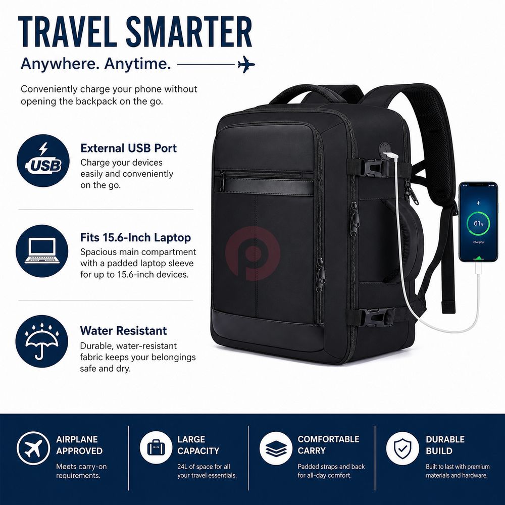 25L Airplane-Approved Travel Backpack with Shoe Pouch & 15.6-Inch Laptop Compartment
