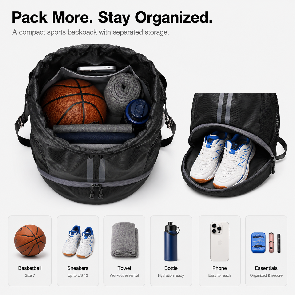 Lightweight Drawstring Gym Backpack with Separate Shoe Compartment