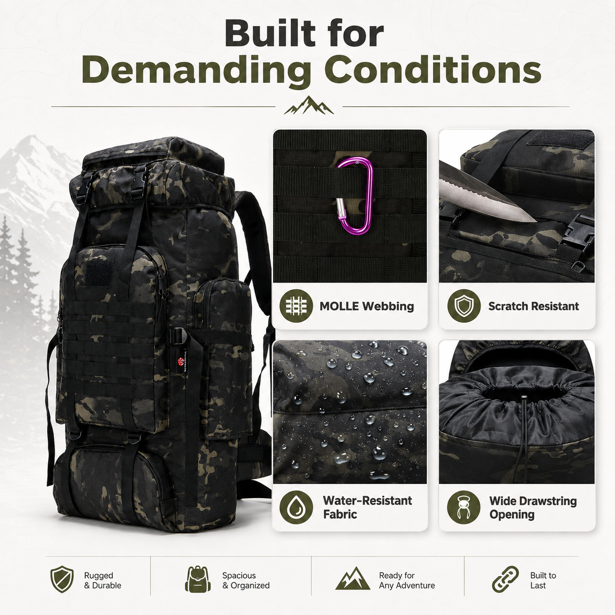 70L Tactical Hiking Backpack with Water-Repellent 900D Oxford Fabric