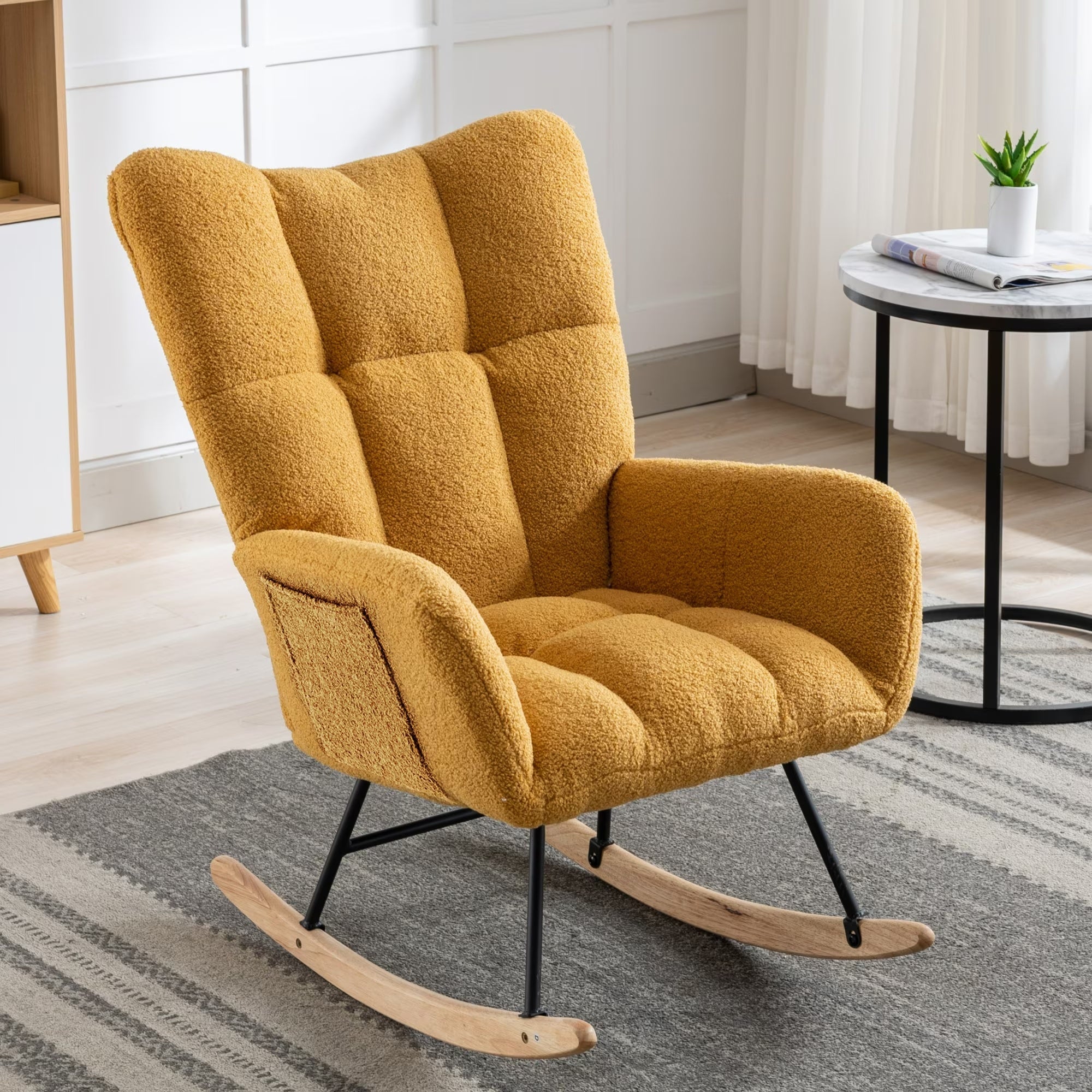 Comfy Teddy Fabric Rocking Chair - Ergonomic Wingback Glider with Solid Wood Base and Side Pocket | Nursery & Living Room