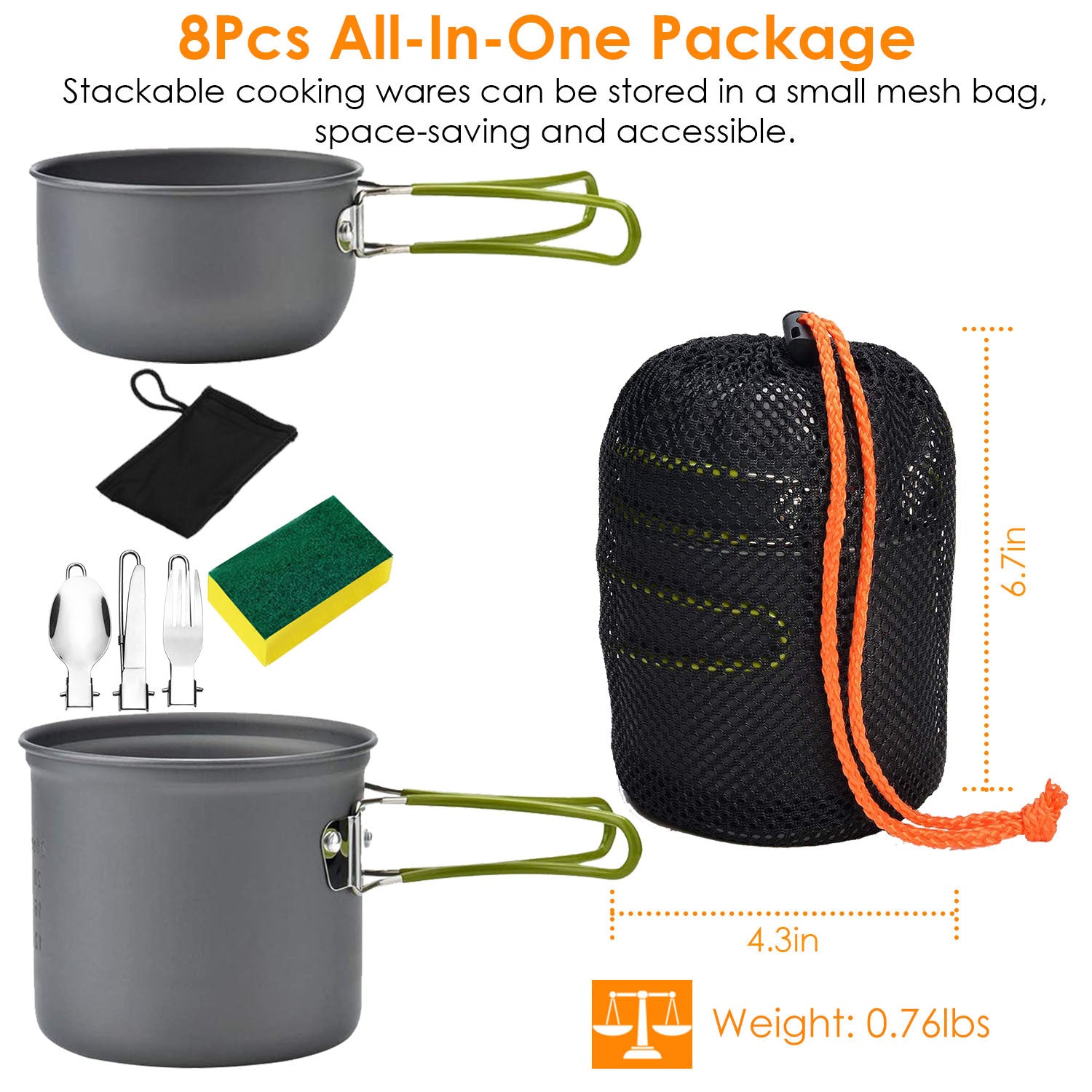 8-Piece Aluminum Camping Cookware Set – Lightweight Pot, Foldable Utensils & Cleaning Kit for Outdoor Adventures