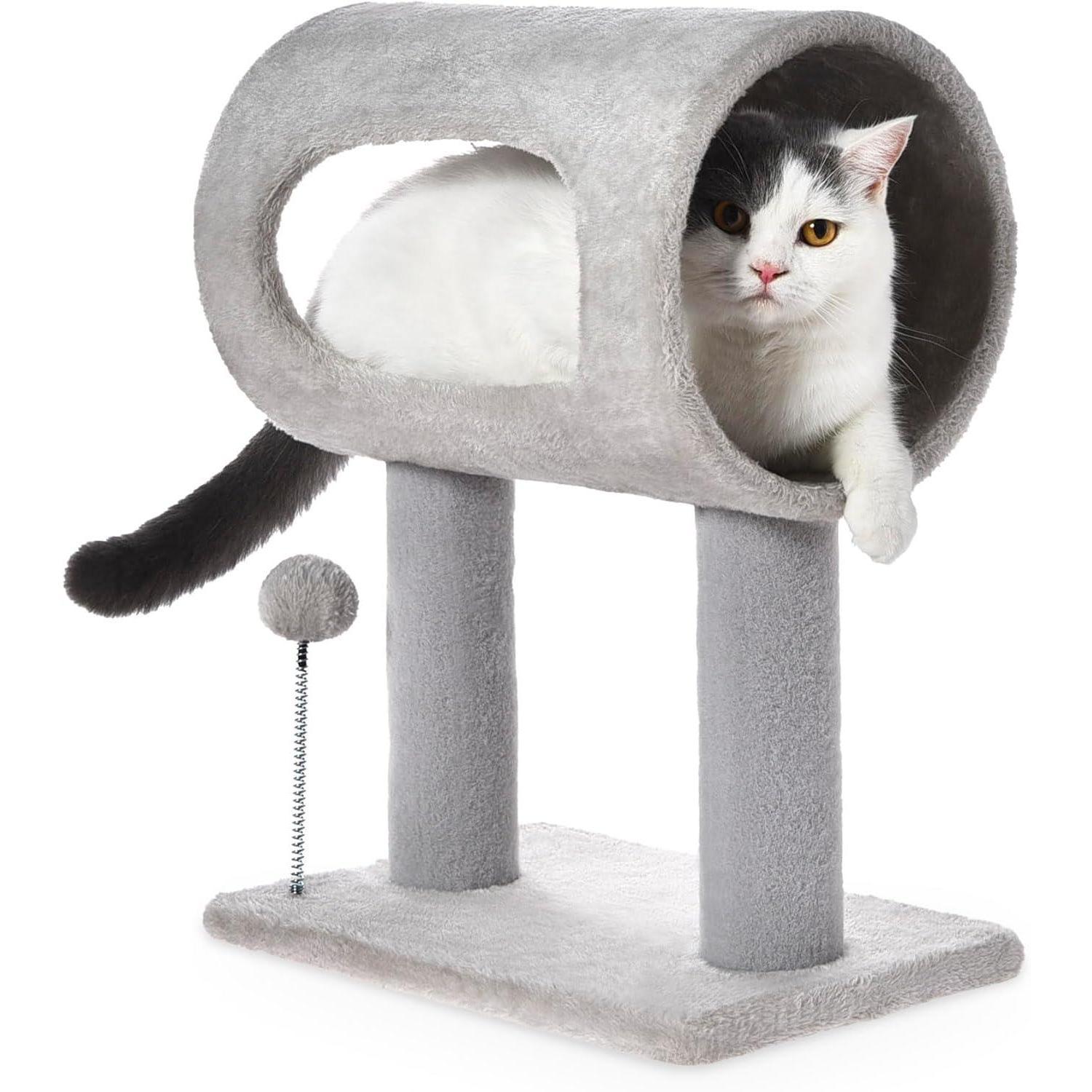 Gray Indoor Cat Tree – 20.5″ Climbing Tower with Scratching Post, Tunnel Bed & Hanging Ball Toy