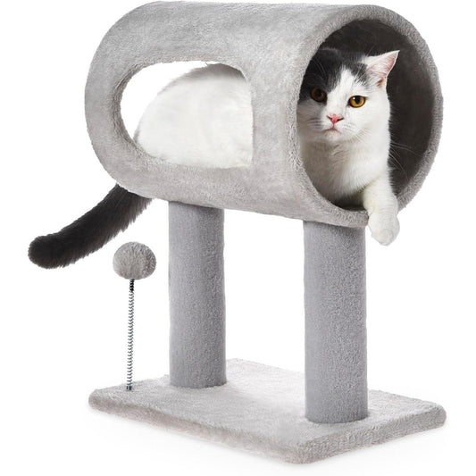 Gray Indoor Cat Tree – 20.5″ Climbing Tower with Scratching Post, Tunnel Bed & Hanging Ball Toy