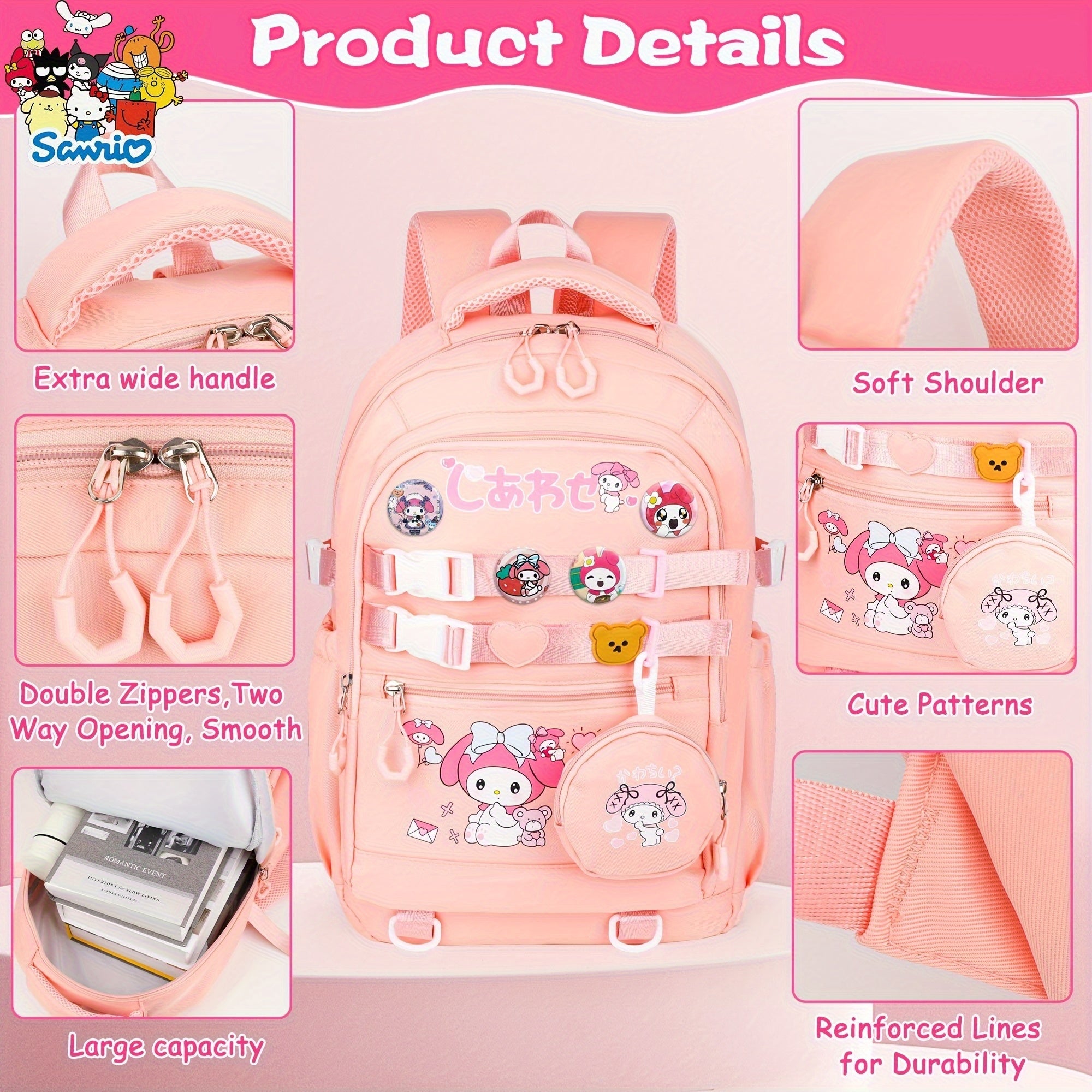 Sanrio Cinnamoroll & My Melody Large-Capacity Backpack Set – Includes Coat Purse, Stationery Set, Lanyard & 4 Badge Pins