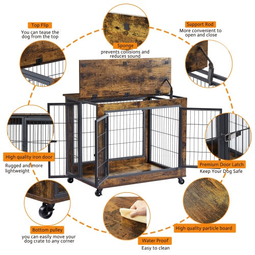Furniture-Style Dog Crate Side Table – Rustic Brown Wooden Kennel with Double Doors, Lift-Top & Wheels
