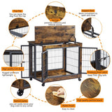 Furniture-Style Dog Crate Side Table – Rustic Brown Wooden Kennel with Double Doors, Lift-Top & Wheels