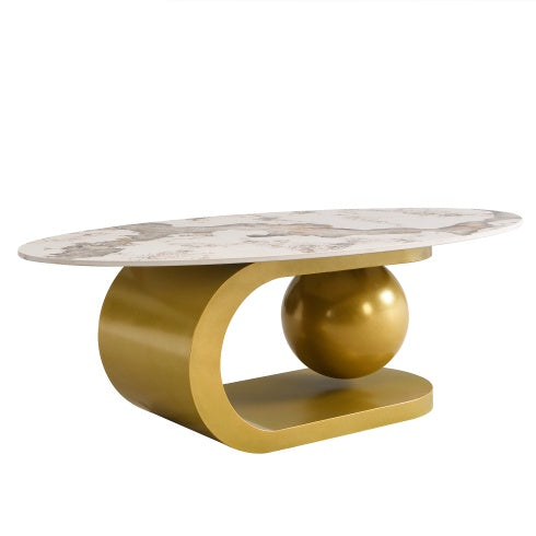 Modern Oval Sintered Stone Coffee Table - 47" Marble Pattern Top with Gold Stainless Steel Base | Luxury Living Room Furniture