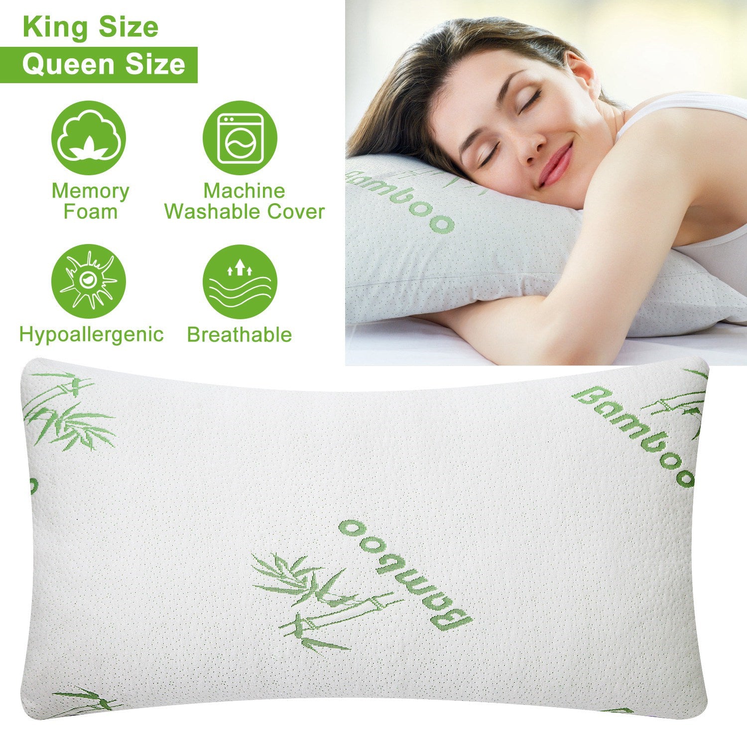 Bamboo Memory Foam Pillow – Cooling Shredded Memory Foam with Washable Bamboo-Blend Cover, Removable and Hypoallergenic