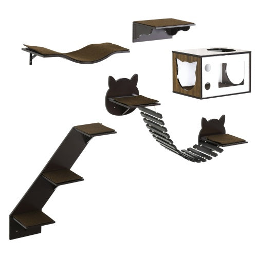 PawHut Cat Shelves – Wall-Mounted Cat Tree with Curved Platform, Cozy House, Bridge, Easy Stairs & Flat Perch, Coffee Brown