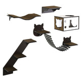 PawHut Cat Shelves – Wall-Mounted Cat Tree with Curved Platform, Cozy House, Bridge, Easy Stairs & Flat Perch, Coffee Brown