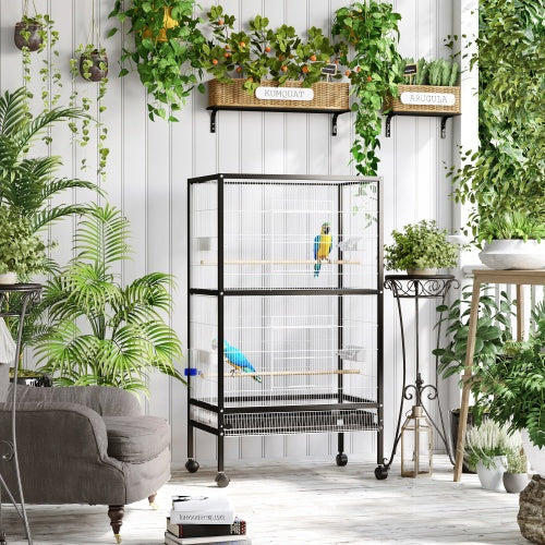 PawHut 54'' Extra Large Portable Rolling Iron Aviary – Flight Bird Cage with Accessories for Parrots, Cockatiels & Finches