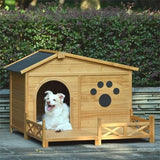 48" Wooden Dog House with Porch – Outdoor/Indoor Kennel with Water-Resistant Asphalt Roof, Fencing & Paw Print Design