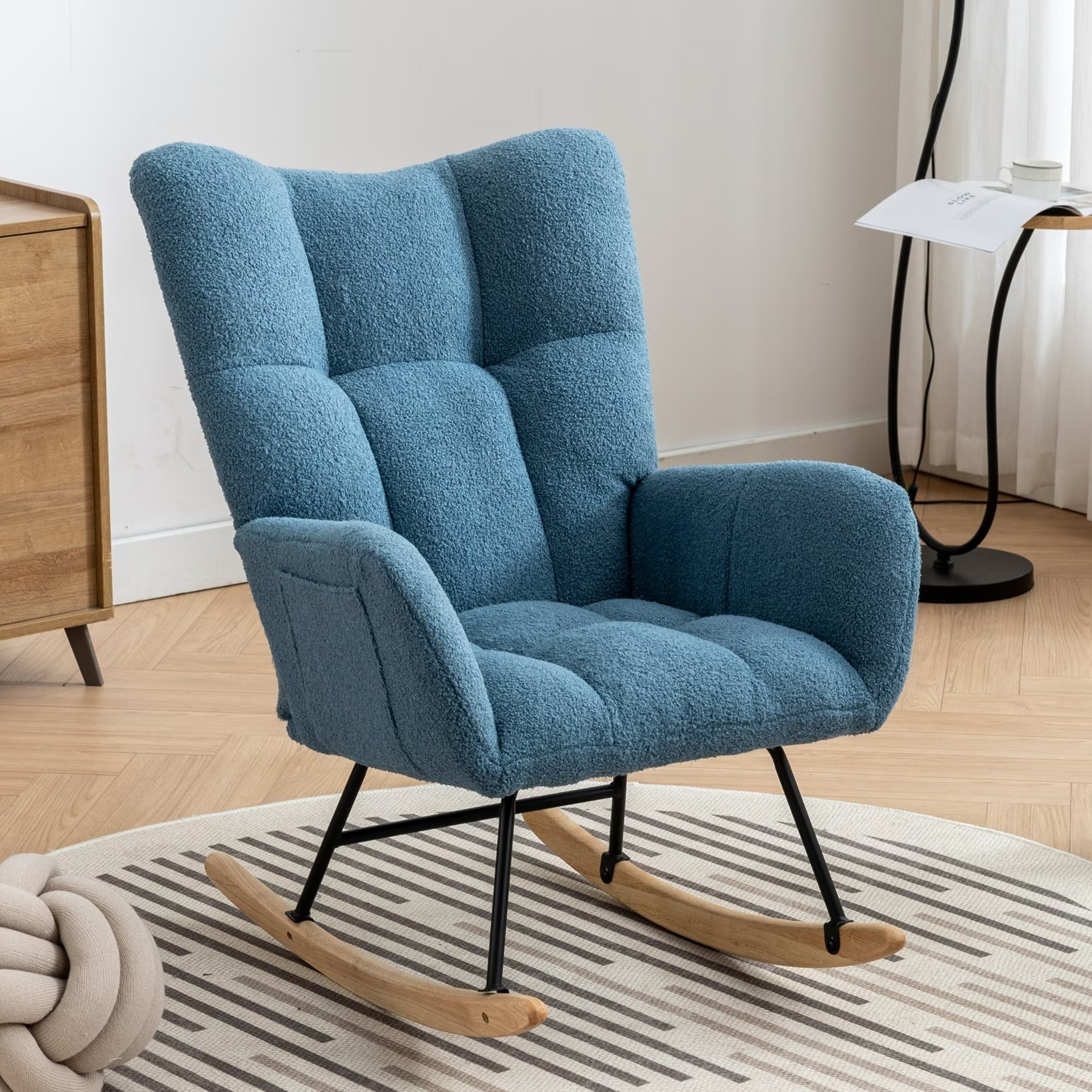 Comfy Teddy Fabric Rocking Chair - Ergonomic Wingback Glider with Solid Wood Base and Side Pocket | Nursery & Living Room