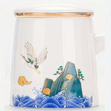 Crane-Patterned Ceramic Teacup with Lid & Filter – Perfect Gift - PulinGO